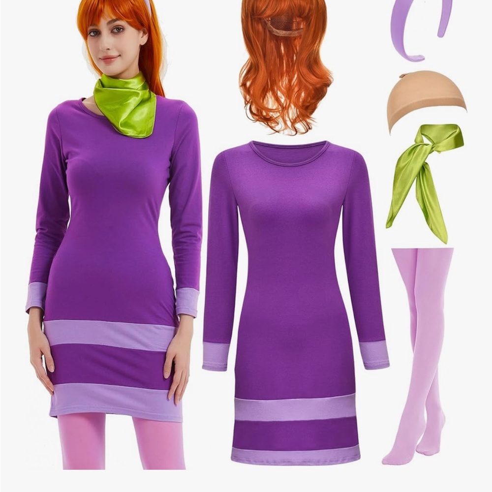 Daphne Scooby Doo Purple Women's Costume - Wig, Headband, Dress, Scarf, Tights S